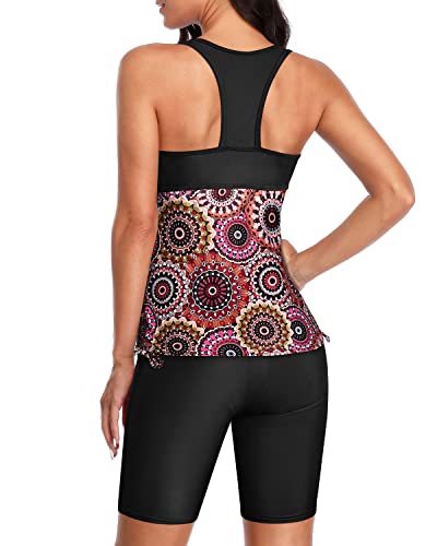 Two Piece V-Neck Racerback Tankini Swimsuit Shorts For Women-Brown Print