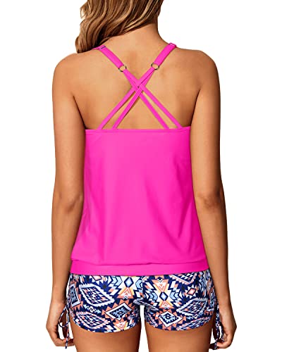Full Coverage Push Up Padded Bra Womens Blouson Tankini Swimsuits-Pink Tribal