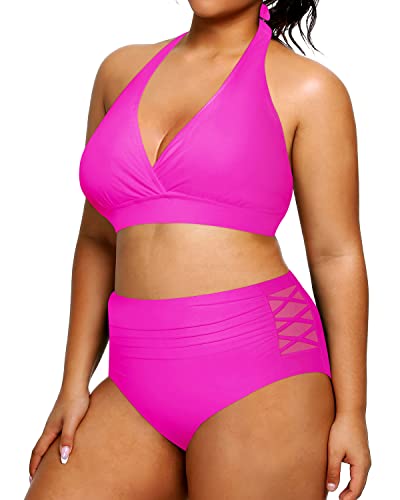 Plus Size Two Piece Halter Bikini Swimsuit Tummy Control High Waisted-Neon Pink