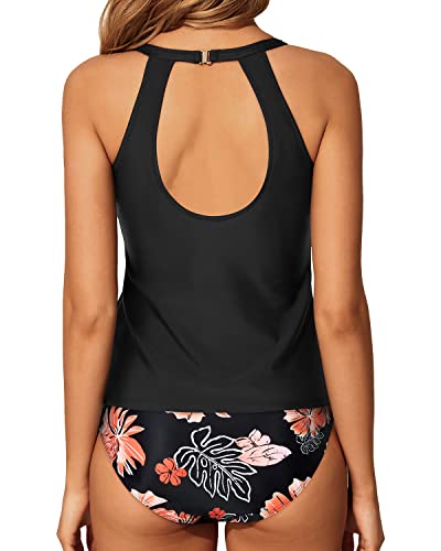 Stylish High Neck Two Piece Tankini Swimsuit Keyhole Design-Black Orange Floral