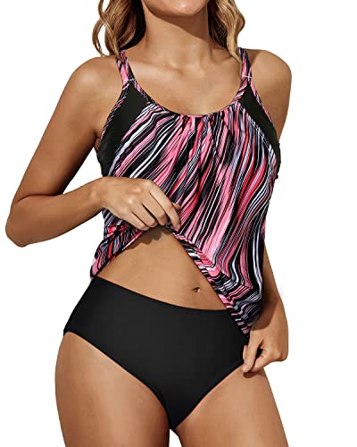 Women Two Piece Tankini Blouson Top And Bottom Sporty Swimsuits-Black And Pink Stripes