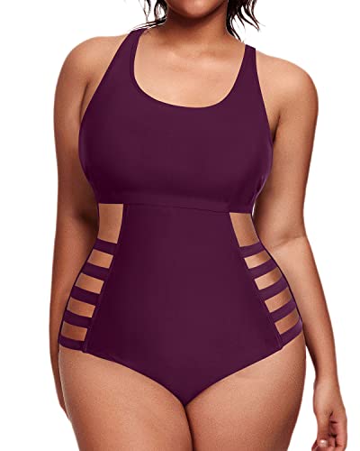 Plus Size High Waisted Monokini Side Cutout Sexy Swimwear-Maroon