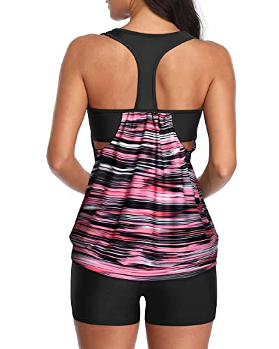 Ladies Modest Coverage Tankini Swimsuits Blouson Tops And Boy Shorts-Black And Pink Stripes