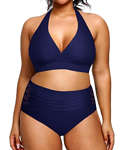V Neck Two Piece Plus Size Halter Bikini Swimsuits For Tummy Control-Navy Blue