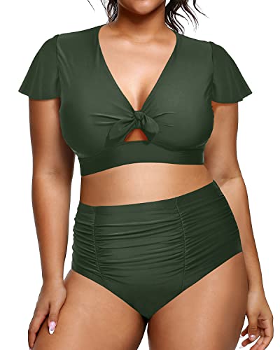 Two Piece Plus Size Swimsuit Push Up Padded Bra For Women-Army Green