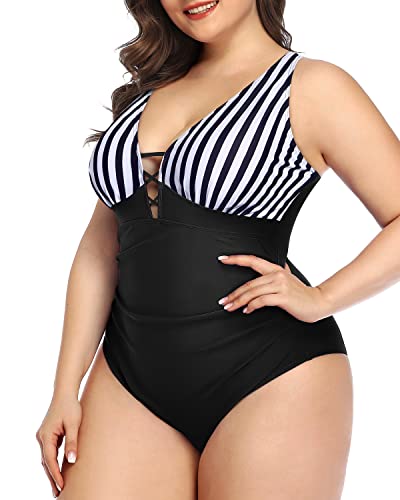 Women's Plus Size One Piece Swimsuit Slimming Tummy Control-Black And White Stripe