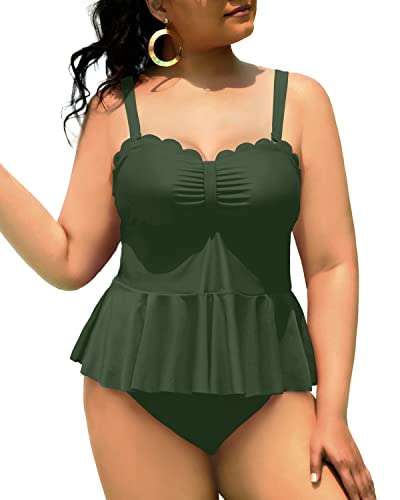 Two Piece Black Swimsuits For Women Plus Size Ruffle Hem-Army Green