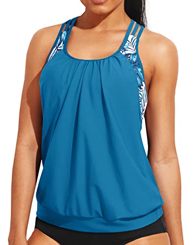 Ladies Double Layer Round Neck Tankini Top Sporty Bathing Suit Top-Blue Leaf