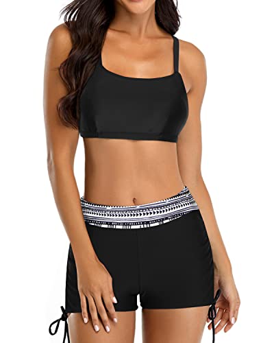 Push Up Padded Bra Swimsuits Shorts And Bra And Boyshorts-Black Stripe