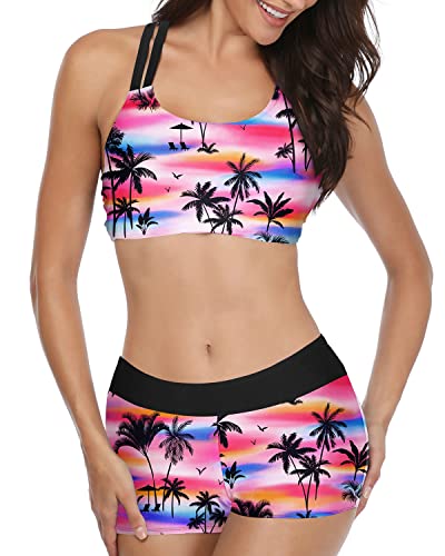 Trendy 3 Piece Athletic Tankini Bathing Suit Boy Shorts For Women-Black Palm Tree