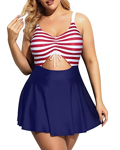 Women Plus Size One Piece Swimsuit Skirt V Neck Swimdress-Flag