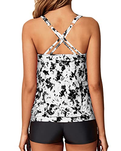 Loose Fit Adjustable Shoulder Straps Tankini Swimsuits Drawstring Boy Shorts-Black And White Tie Dye