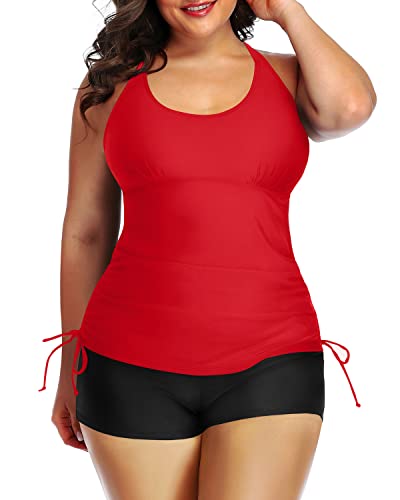 Athletic Women Plus Size Tankini Swimsuit Bathing Suit Top Shorts-Neon Red