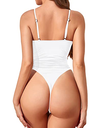 Spaghetti Shoulder Straps Removable Bra Thong Swimsuit For Women-White