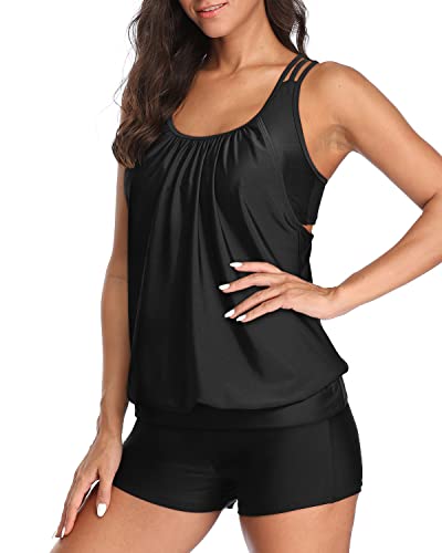 Modest Coverage Layered Design Athletic Two Piece Swimsuits For Women-Black