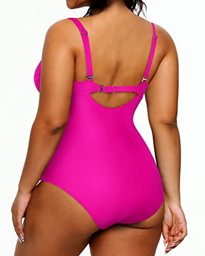 Women's Plus Size Tummy Control One Piece V-Neck Swimsuits-Neon Pink