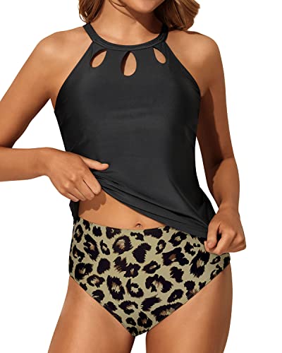 Halter & Flattering Design Two Piece Tankini Bathing Suit-Black And Leopard