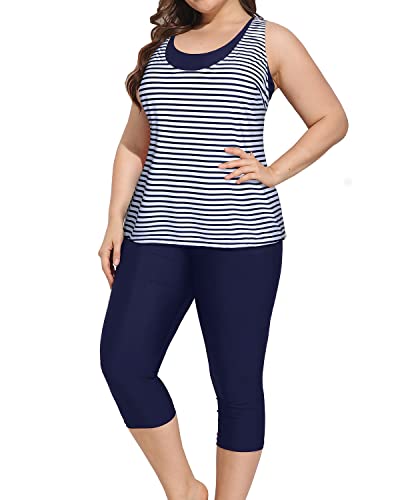 Plus Size Tankini Swimsuits Sports Bra And Swim Capris For Women-Blue White Stripe