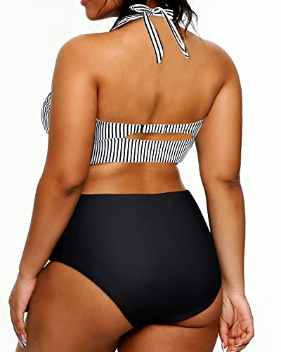 High Waisted Tummy Control Bathing Suits For Plus Size Women-Black And White Stripe
