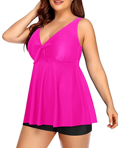 Flowy Two Piece Bathing Suits Shorts For Plus Size Women-Neon Pink And Black