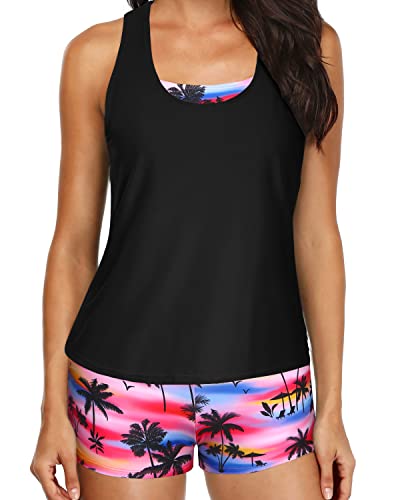 Women's Cutout Back Tankini Top And Summer Beach Swimsuits-Black Palm Tree