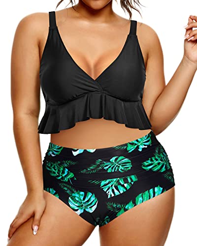 High Rise Flounce Bikini Top And High Waisted Swimsuit Bottom-Black Leaf