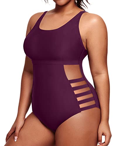 Plus Size High Waisted Monokini Side Cutout Sexy Swimwear-Maroon