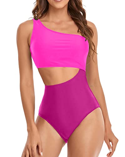 Asymmetric One Shoulder Neckline Cutout One Piece Swimsuits-Phosphor And Dark Pink