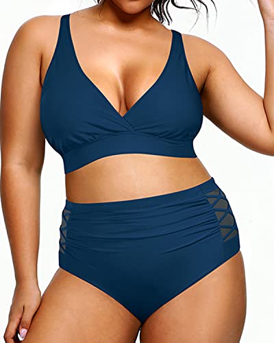 Plus Size Bikini High Waisted Swimsuits Tummy Control Swimwear-Teal
