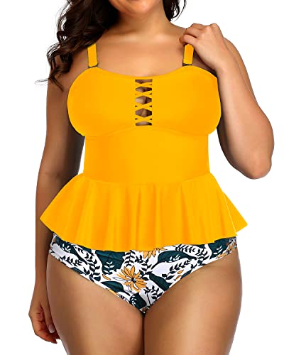 Lace Up Modest Coverage And Support Swimsuits For Women-Yellow Floral
