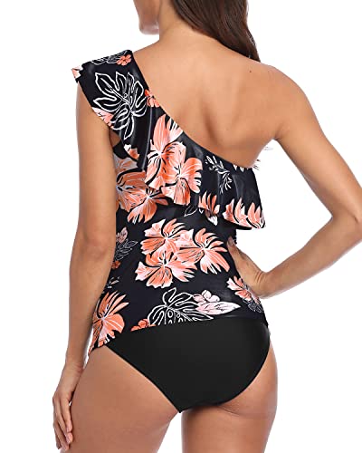 Best Tummy Control Swimwear One Shoulder Tankini-Black Orange Floral