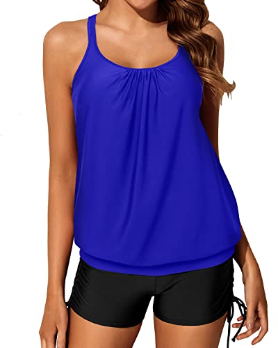 Loose Fit Push Up Padded Bra Tankini Swimsuits Criss Cross Back-Royal Blue And Black