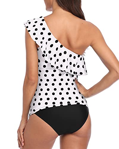 Removable Padded Bra One Shoulder Swimsuits For Women-White Black Polka Dots