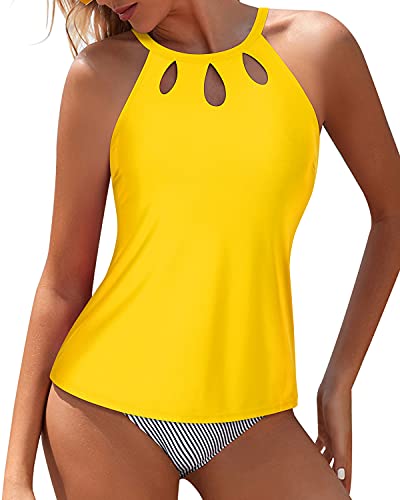 Tummy Control High Waisted Halter Tankini Swimsuits For Women-Yellow Stripe