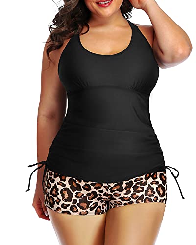Women's Plus Size 2 Piece Ruched Swimsuit Tummy Control-Black And Leopard