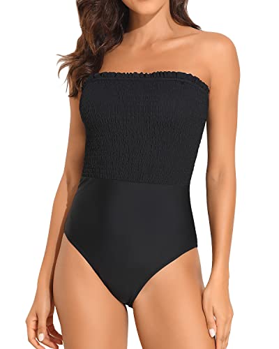 Womens Strapless One Piece Swimsuit Tummy Control Bandeau Bathing Suits-Black