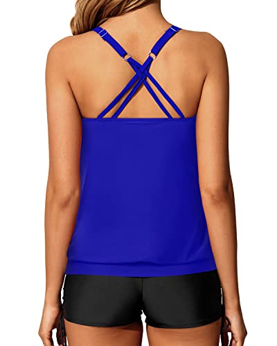 Loose Fit Push Up Padded Bra Tankini Swimsuits Criss Cross Back-Royal Blue And Black
