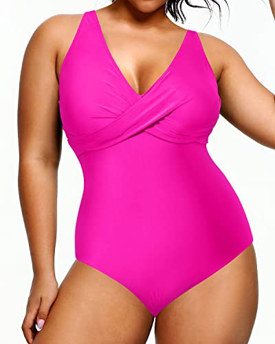 Women's Plus Size Tummy Control One Piece V-Neck Swimsuits-Neon Pink
