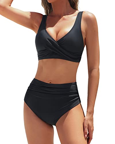 Twist Front Women's Two Piece High Waisted Bikini Set Tummy Control Swimsuit-Black