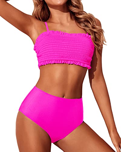 High Cut Womens Two Piece Off Shoulder Ruffle Bathing Suit-Neon Pink