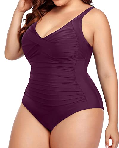 Twist Front Ruched Cross Swimsuits For Curvy Women-Maroon