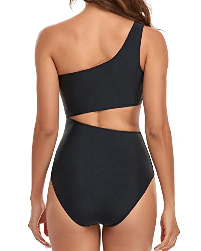 Sexy One Shoulder One Piece Cutout Swimsuit Monokini For Women-Black