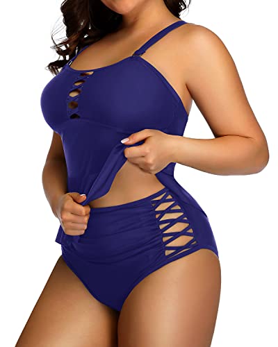 Plus Size Swimsuits Tummy Control Two Piece Bathing Suits For Women-Navy Blue