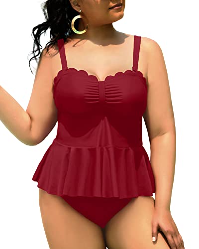 Plus Size 2 Piece Tankini Tummy Control Bathing Suits For Curvy Girl Swimsuits-Maroon
