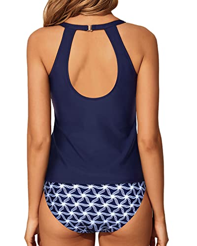 Backless Halter Top & Modest Bottom Tummy Control Two Piece Tankini-Navy Blue Tribal