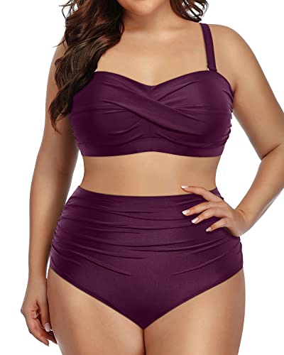 Twist-Front Plus Size Tummy Control Two Piece Swimsuits Bandeau Bikini Set-Maroon