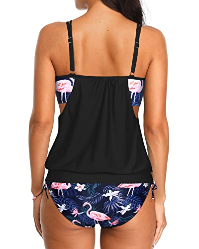 Athletic Two Piece Bathing Suits Double Up Swimwear 2 Piece Tankini Set-Black Flamingo
