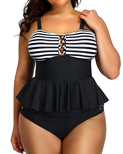 Plus Size Lace Up Tummy Control Tankini Swimsuits For Women-Black And White Stripe