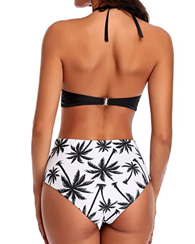 High Waisted Bikini Set Halter Swimsuits 2 Piece Swimsuit For Women-Black Palm Tree