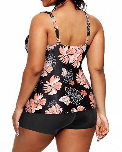 Two Piece Plus Size Tankini Shorts Bathing Suits For Women-Black Orange Floral